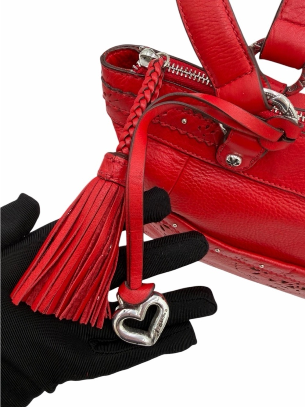 Brighton Red Leather Cutwork Tote Shoulder Bag Heart Charm Tassel Studded - Picture 9 of 11